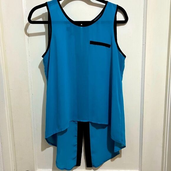 By & By Colorblock Sexy Sheer High Low Sleevless Chiffon Blouse Blue & Black MED - Picture 1 of 8